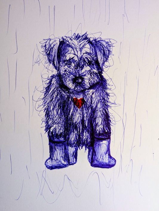 Sad Puppy Dog In The Rain With Red Heart Little Rain Boots Wellies Pen Illustration Drawing Sketch Portrait Unframed A4 Size