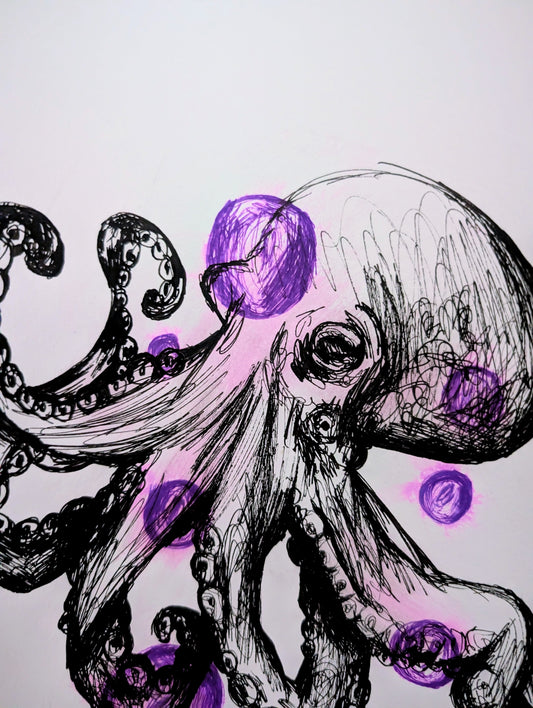 Octopus With Purple Bubbles Pen Drawing Illustration Sketch Art Unframed A4 Size Portrait Underwater Aquatic Under The Sea Creature Art - Unorthodox Zoo