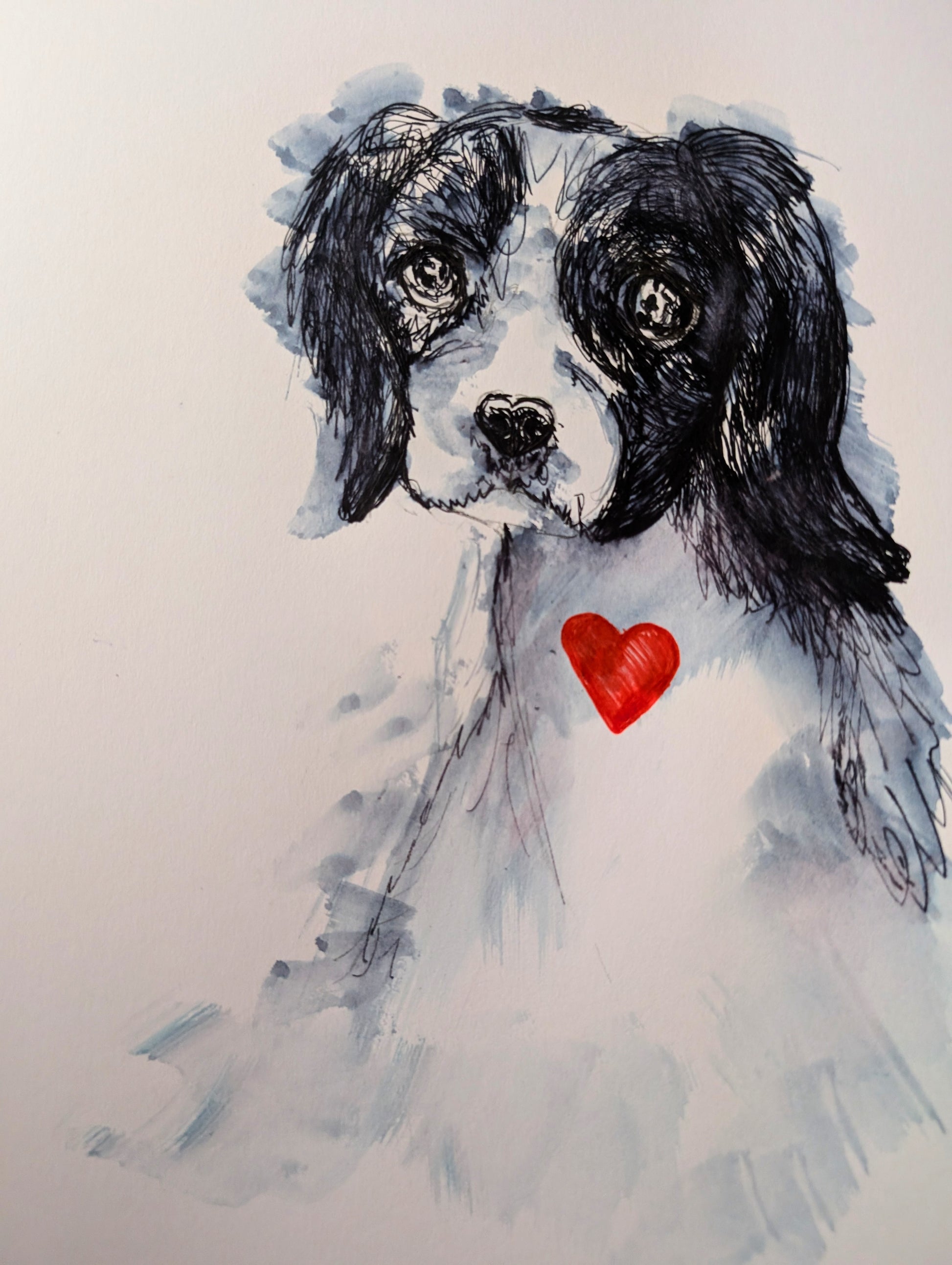 The Puppy Dog With Heart Nose Red Heart Pen Illustration Drawing Sketch White Background Unframed A4 Size - Unorthodox Zoo