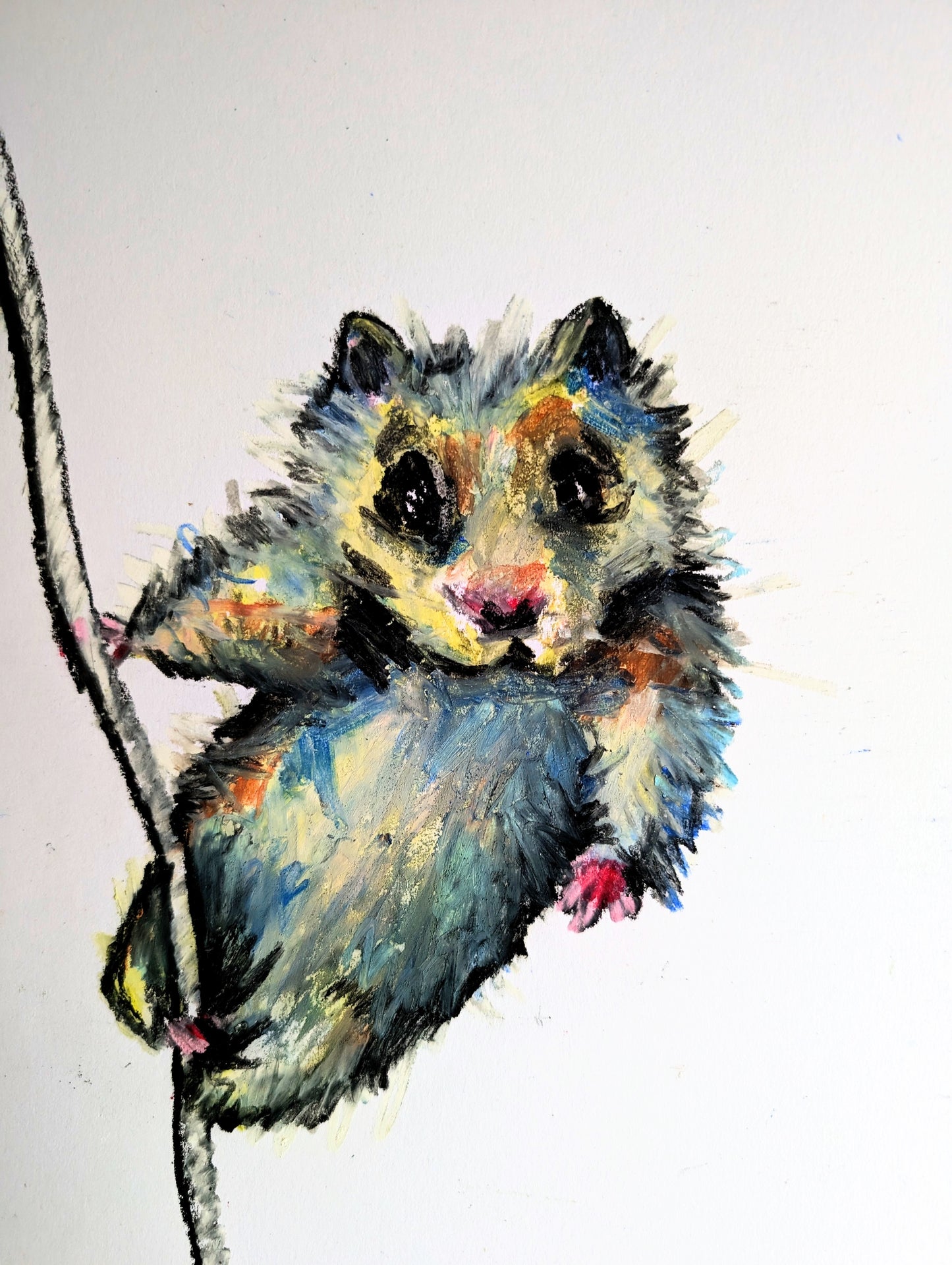 Pastel Yellow Blue Hamster Hanging On To Straw Oil Pastel Drawing Illustration Sketch Art Portrait Unframed A4 Size