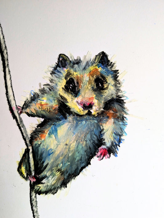 Pastel Yellow Blue Hamster Hanging On To Straw Oil Pastel Drawing Illustration Sketch Art Portrait Unframed A4 Size