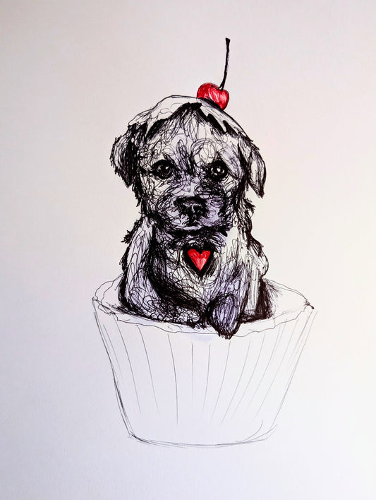 Puppy Dog In Cupcake With Cream Cherry On Head Pen Illustration Drawing Sketch Art Portrait Unframed A4 Size Expressive Style