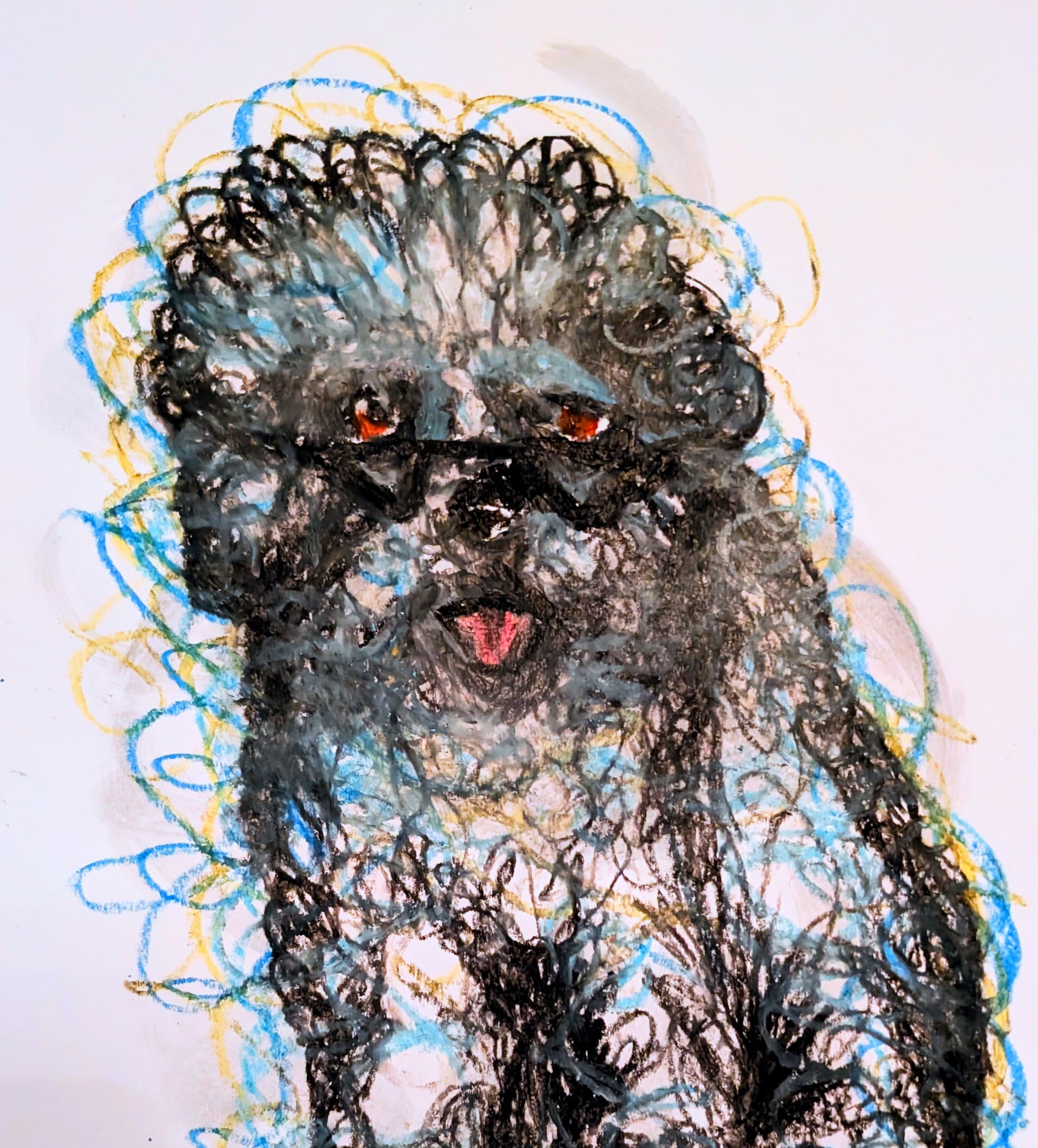 Scribbly Poodle With Sunglasses Pink Tongue Brown Eyes Oil Pastel Illustration Drawing Sketch Art Unframed A3 Size - Unorthodox Zoo