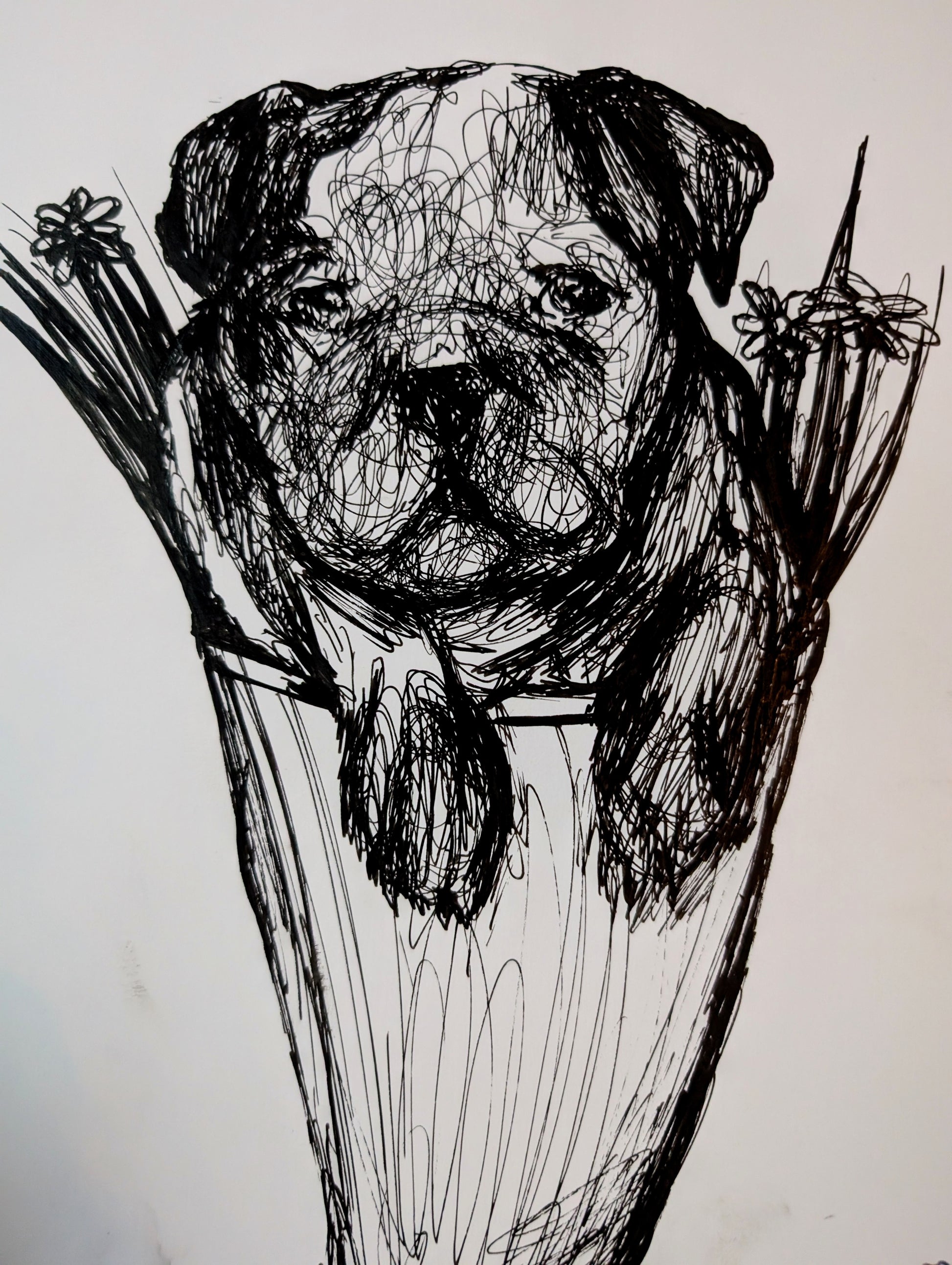 Scribbly Little Puppy In A Flower Cone With Flowers Grass Pen Drawing Illustration Sketch Art Size 17.8 cm x 25.4 cm Unframed - Unorthodox Zoo