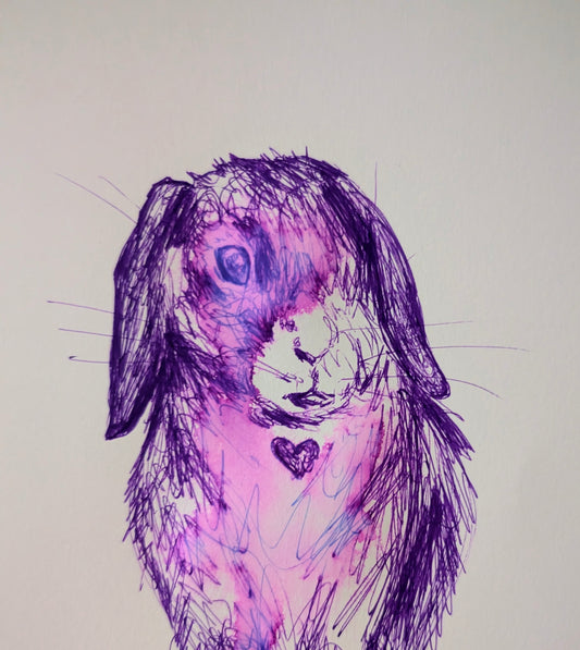 Rabbit Bunny With Heart Carrot Purple Pen Drawing Illustration Sketch Art Unframed A4 Size Portrait Animal Portrait - Unorthodox Zoo
