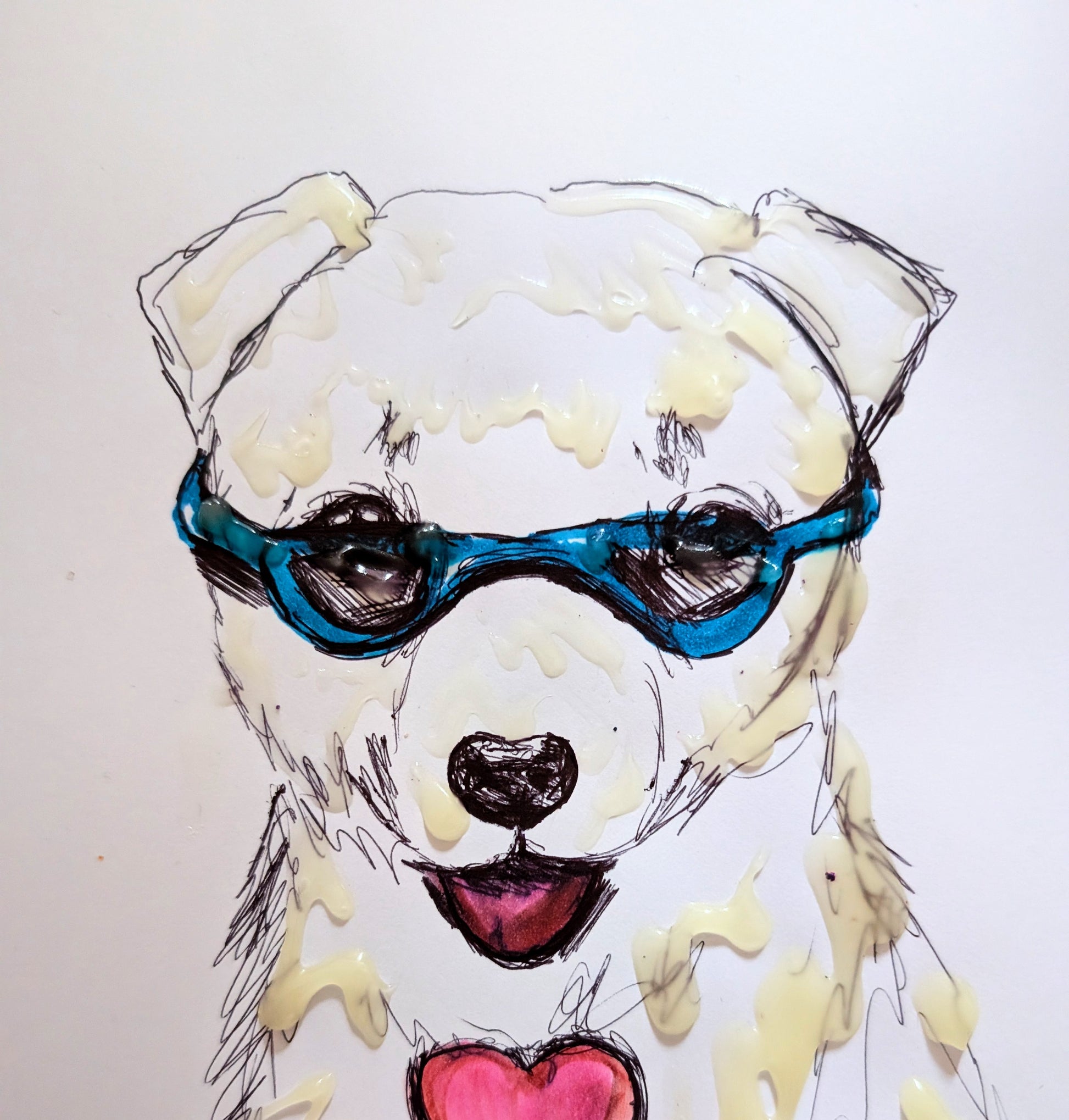 Puppy Dog With Sunglasses Pink Tongue Pink Heart Paint Drawing Marks Chill Dog Drawing Illustration Sketch Art Portrait Unframed A4 Size - Unorthodox Zoo