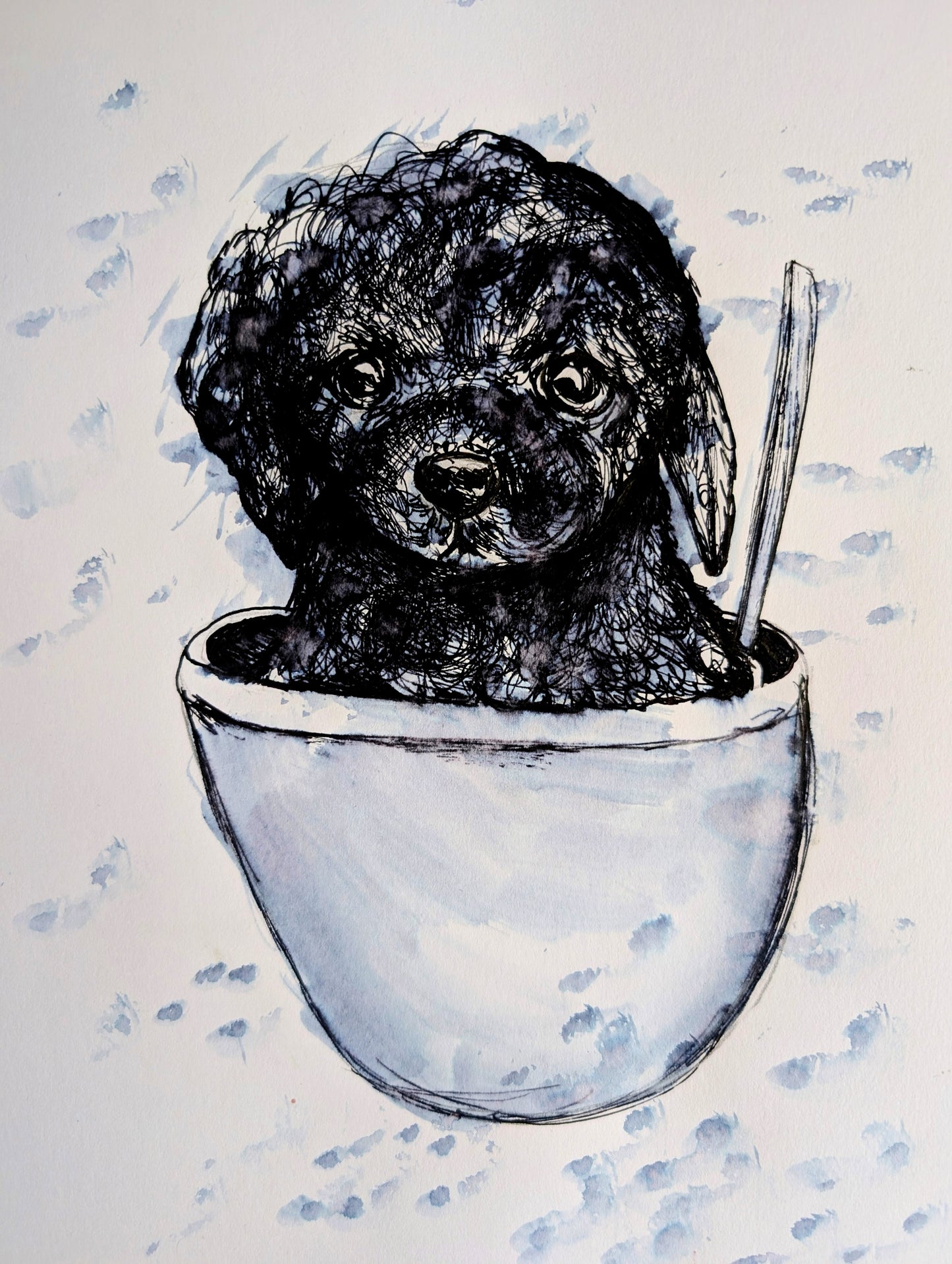 Poodle Puppy In Bowl With Spoon Paw Print Marks Pen Illustration Drawing Sketch Art Portrait Unframed A4 Size