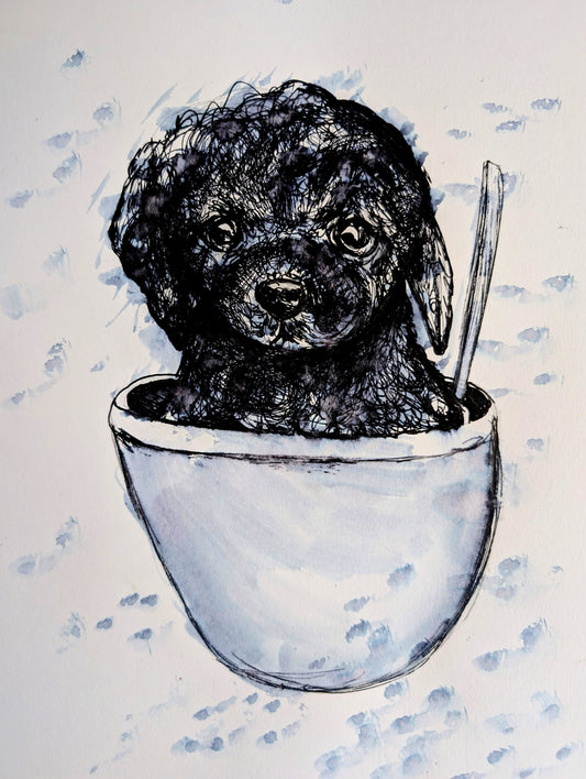 Poodle Puppy In Bowl With Spoon Paw Print Marks Pen Illustration Drawing Sketch Art Portrait Unframed A4 Size
