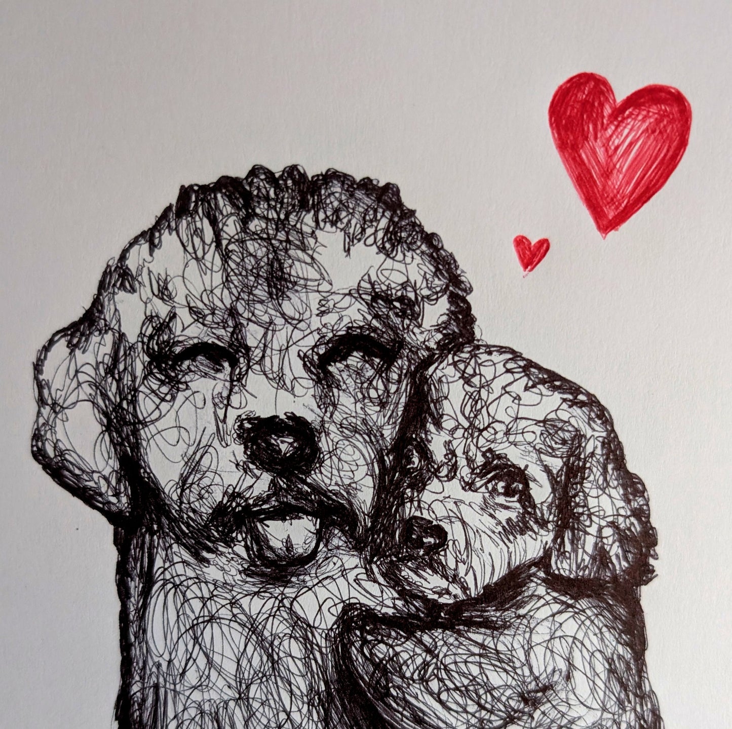 Puppy Dog Love With Red Hearts Pen Illustration Drawing Sketch Art Portrait Unframed A4 Size Scribbly Expressive Style