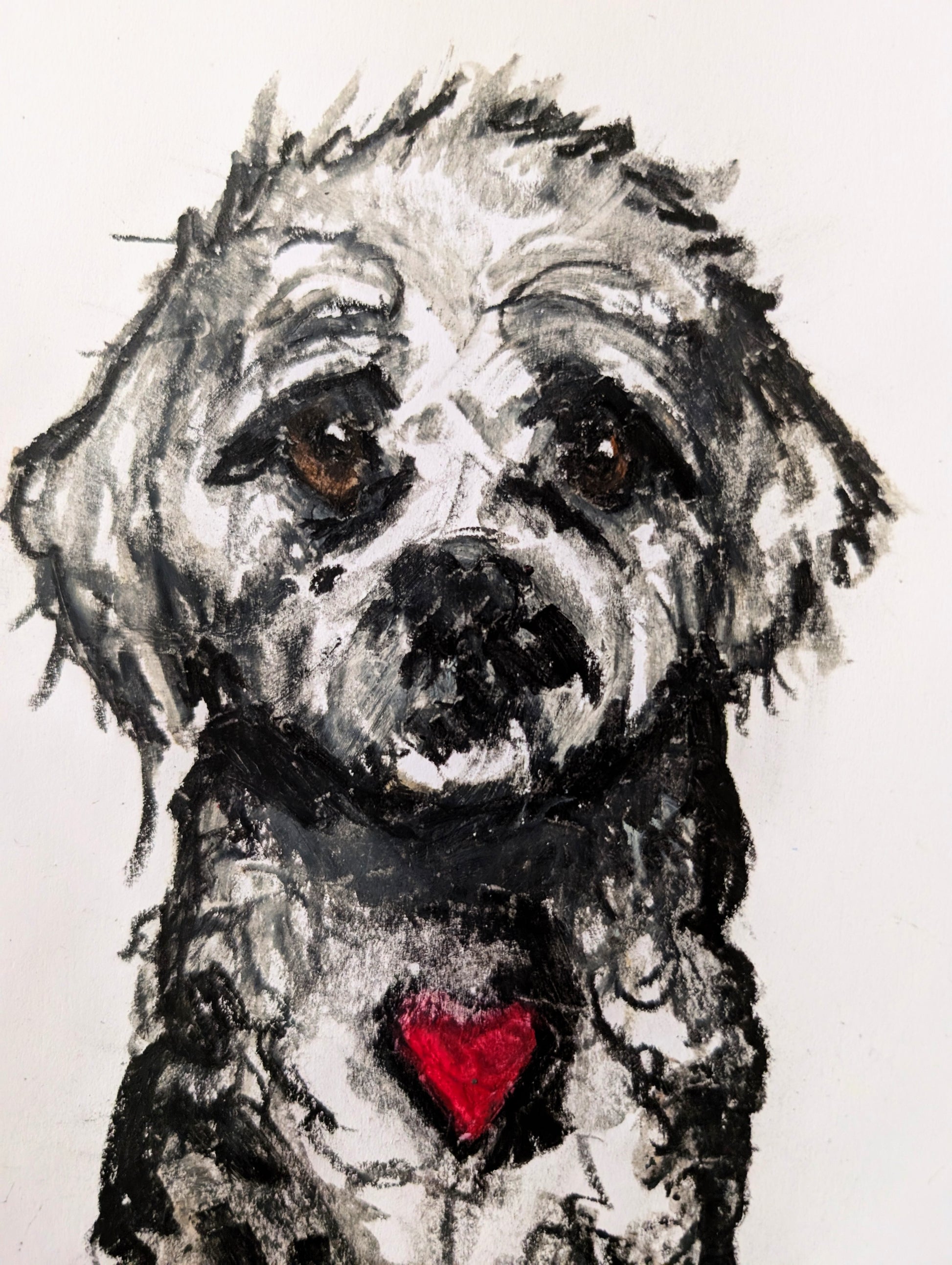 White Fluffy Puppy Dog With Brown Eyes Red Heart White Background Oil Pastel Illustration Drawing Sketch Art Unframed A4 Size - Unorthodox Zoo