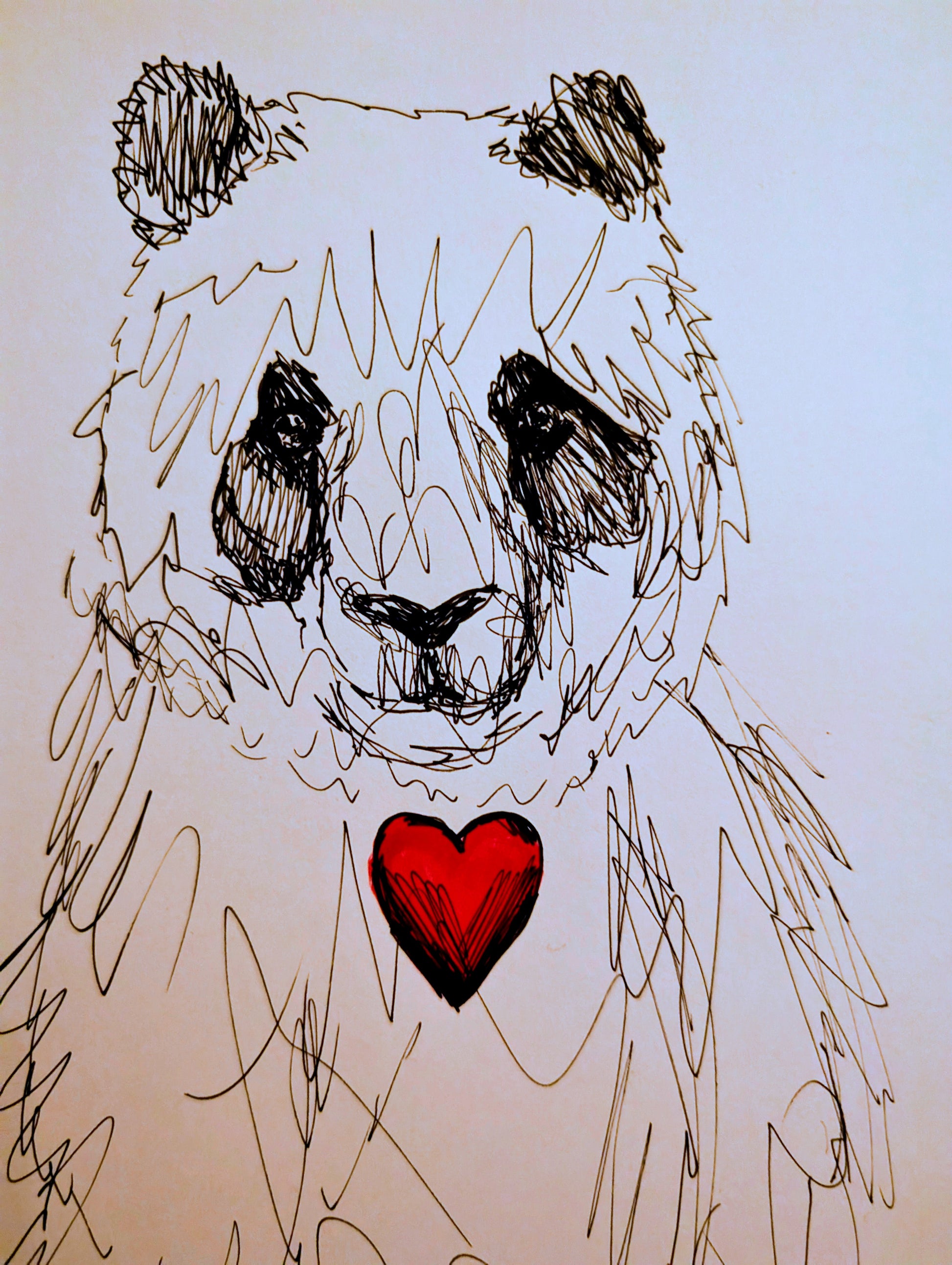 Panda Bear With Mini Heart Pen Drawing Illustration Sketch Art Portrait A4 Size - Unorthodox Zoo