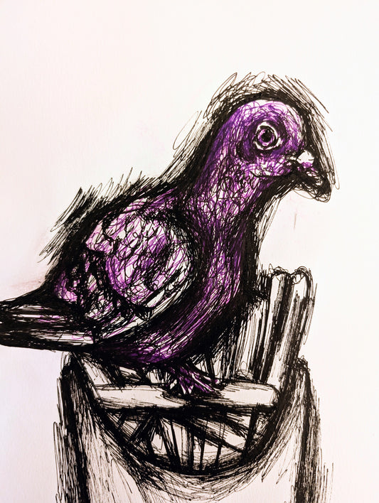 Purple Pigeon And Chunky Chips In Fries Box Portrait Unframed A4 Size Art Drawing Illustration Bird Art - Unorthodox Zoo
