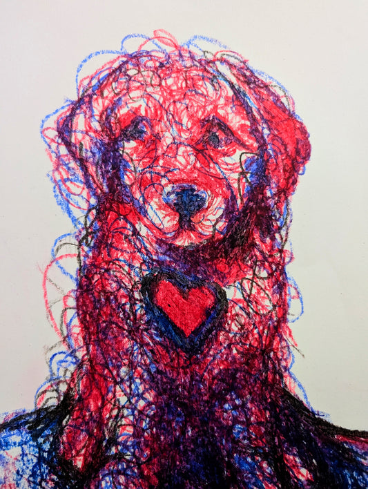 Pink & Blue Dog With Heart A3 Size Oil Pastel Illustration Drawing