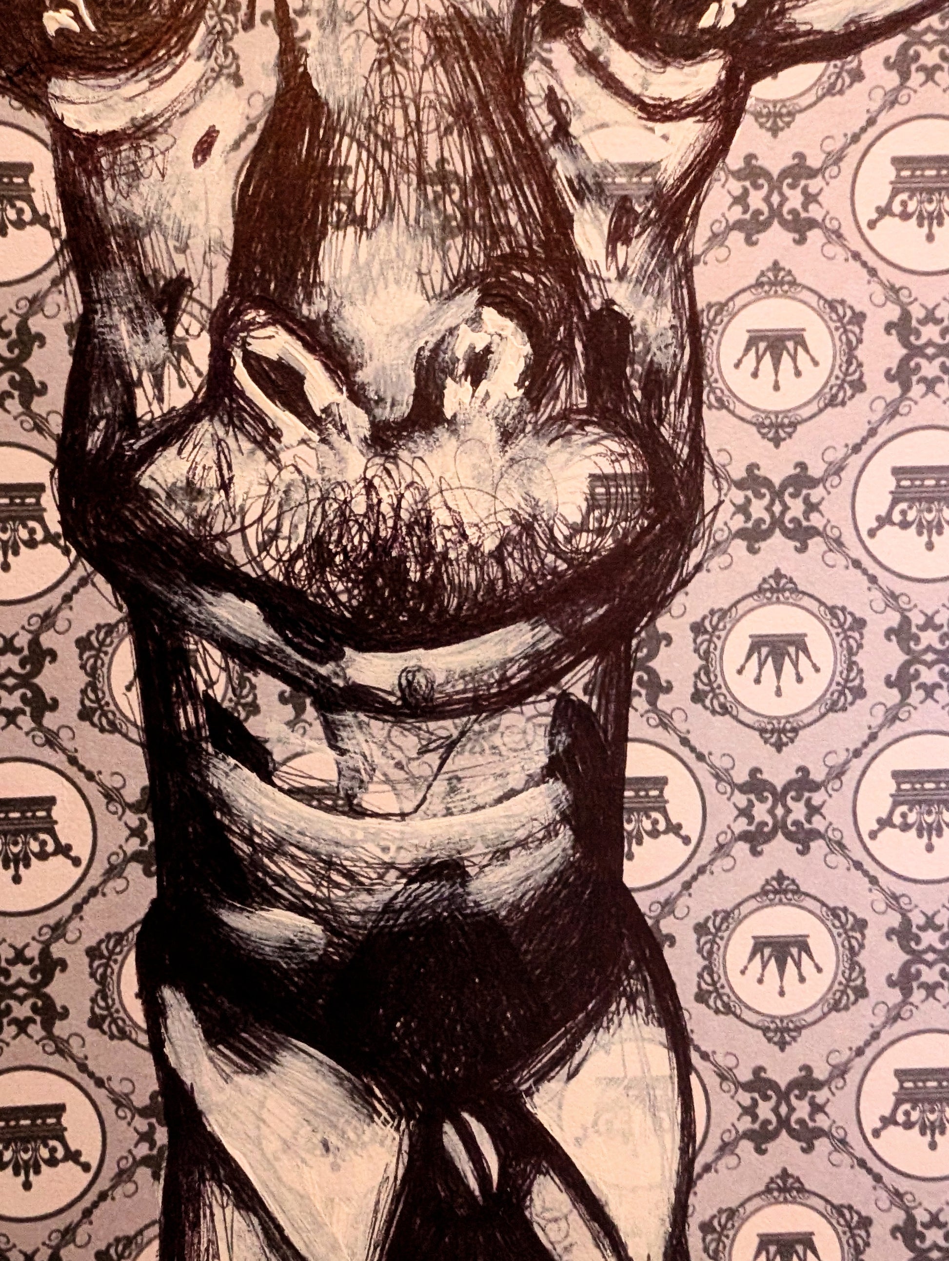 Black and white illustration of a giraffe pulling funny expression with a detailed patterned background