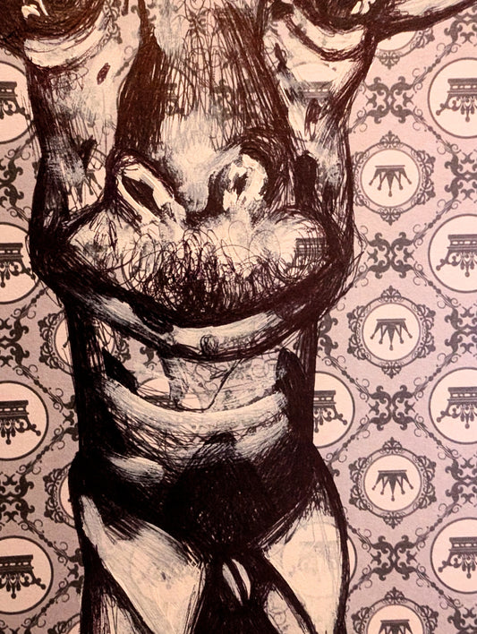 Black and white illustration of a giraffe pulling funny expression with a detailed patterned background