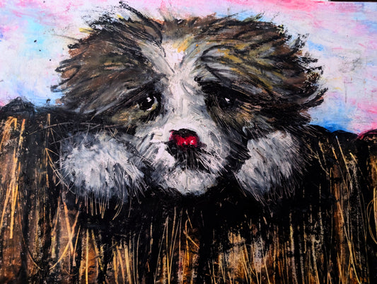 Artistic depiction of a dog with a red nose and colorful background 