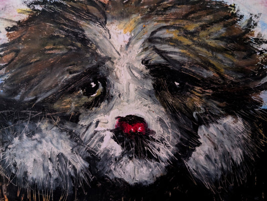 Artistic depiction of a dog's face with a focus on texture and color.