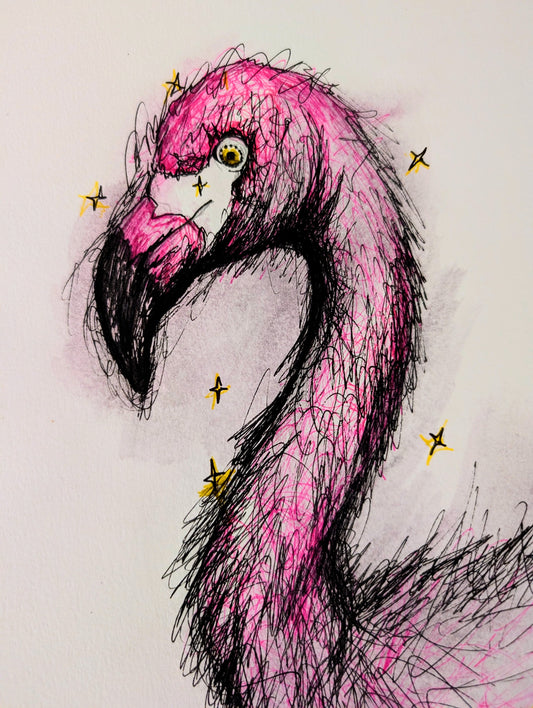 Artistic illustration of a pink flamingo with black lines on a light background