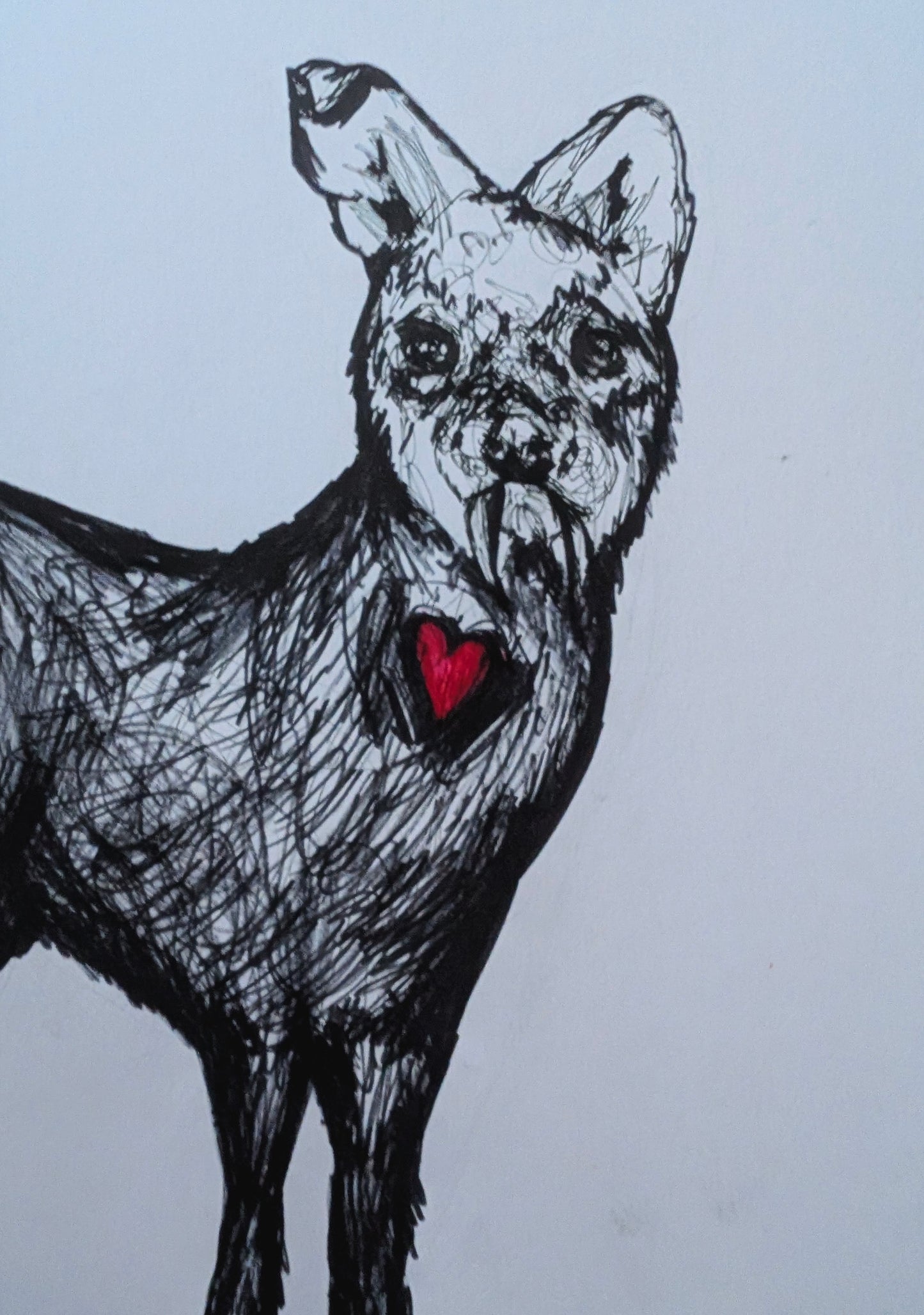 Chinese Deer With Fangs Red Heart White Background Pen Illustration Drawing Sketch Art Unframed A4 Size