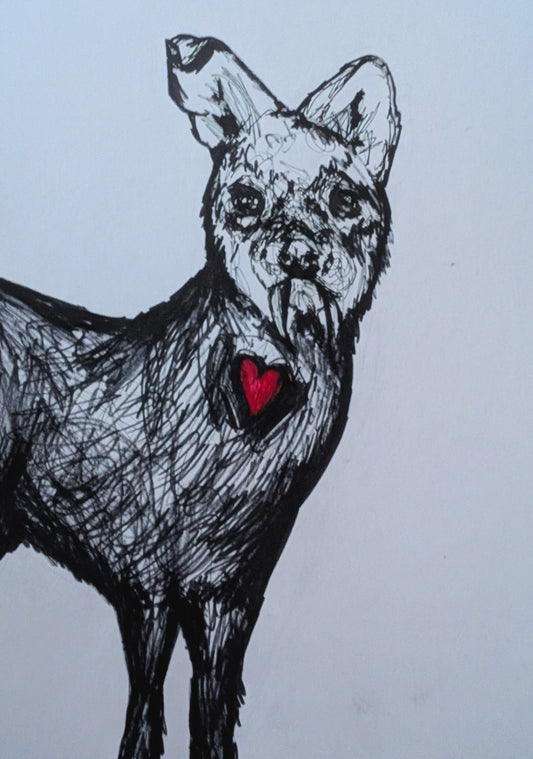 Chinese Deer With Fangs Red Heart White Background Pen Illustration Drawing Sketch Art Unframed A4 Size