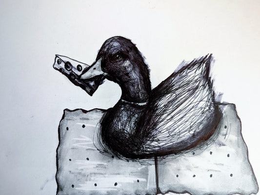 Cheese And Quackers Duck Sitting On Cracker Pen Illustration Drawing Sketch Art Portrait Unframed A4 Size