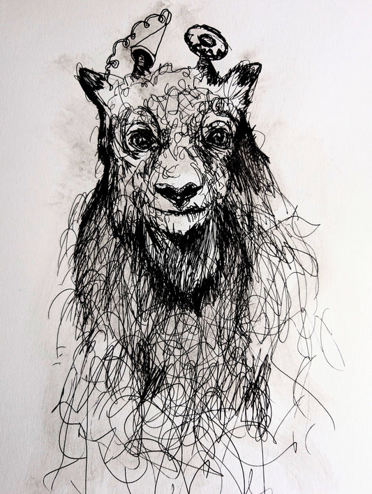 Sheep With Party Hat Donut Scribbly Expressive Effect Pen Illustration Drawing Sketch Art Portrait Unframed A4 Size