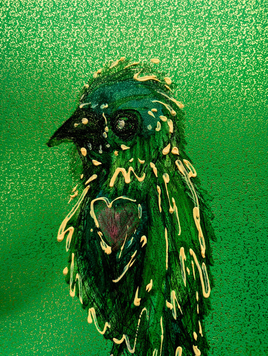 Calm Bird Drawing 3D Paint Effect Green Card With Pink Heart A4 Unframed Art Sketch Illustration - Unorthodox Zoo