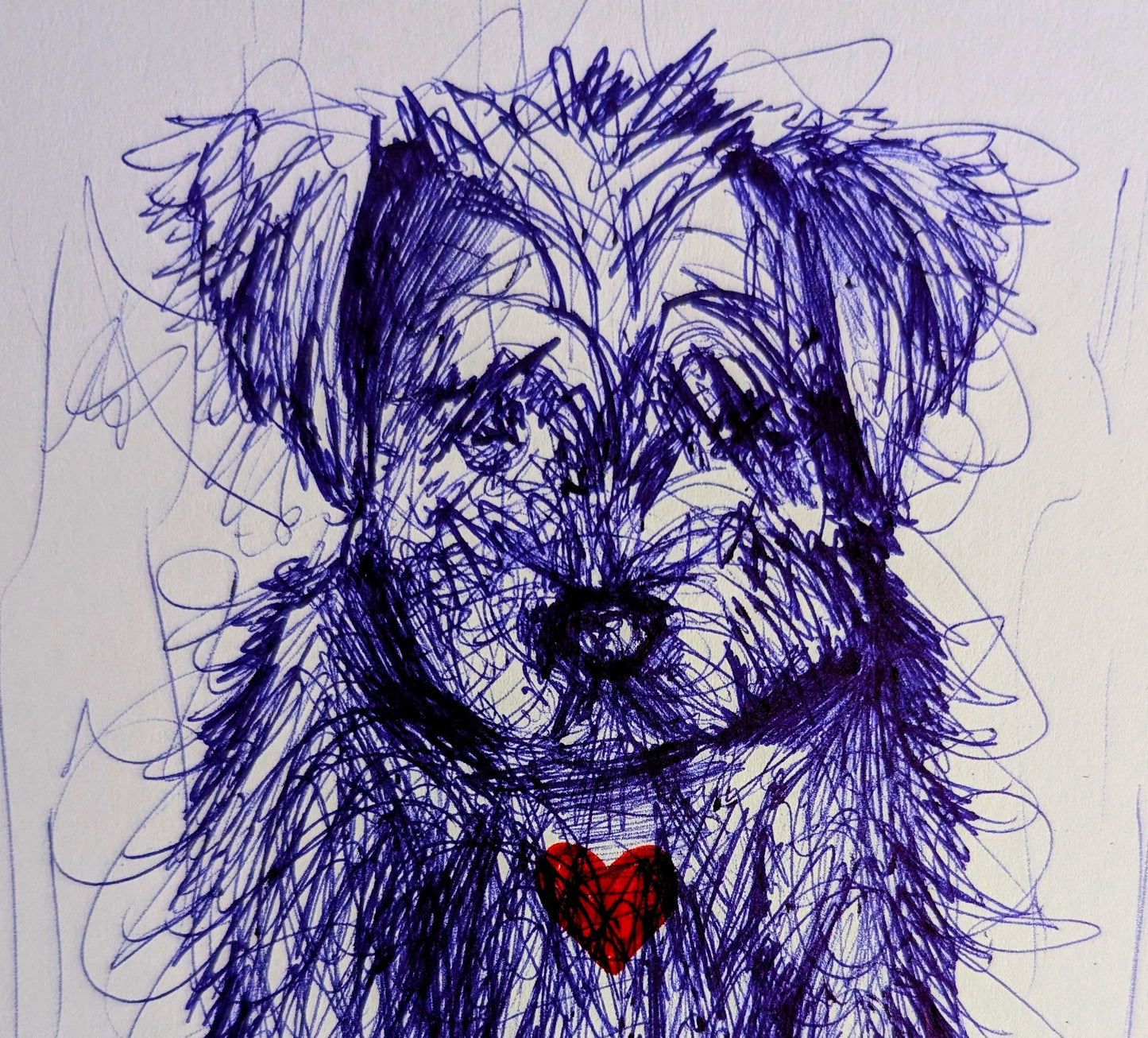 Sad Puppy Dog In The Rain With Red Heart Little Rain Boots Wellies Pen Illustration Drawing Sketch Portrait Unframed A4 Size