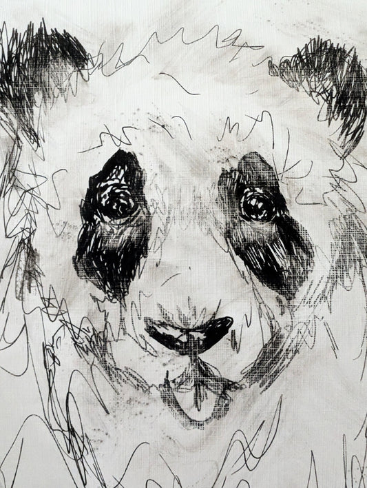 Panda Bear Fluffy Hair With Tongue Sticking Out Pen Drawing Illustration Sketch Art Portrait Size 17.8 cm x 25.4 cm Unframed