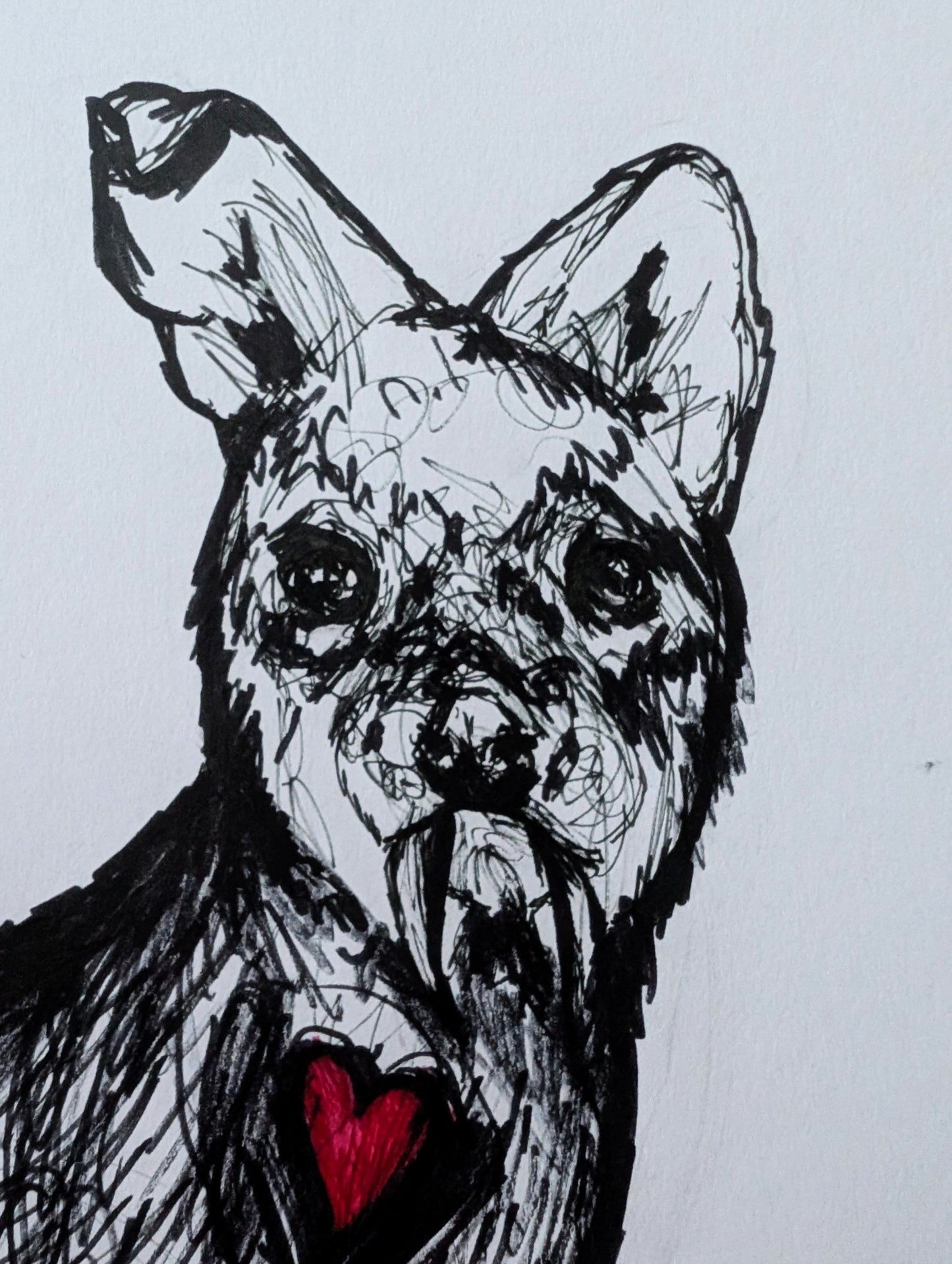 Chinese Deer With Fangs Red Heart White Background Pen Illustration Drawing Sketch Art Unframed A4 Size