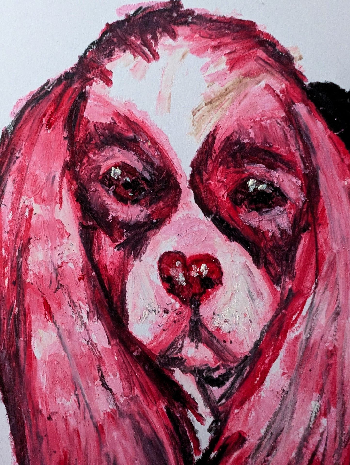 Pink King Charles Cavalier Dog With Heart Nose Oil Pastel Illustration Drawing Sketch Art Unframed A4 Size - Unorthodox Zoo