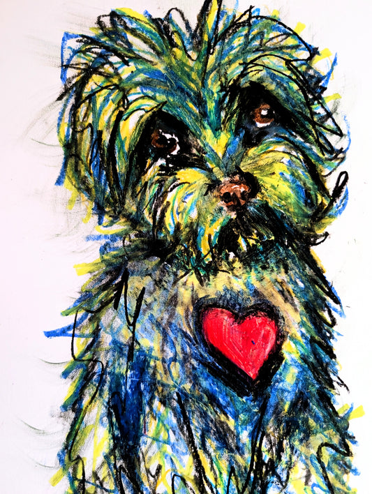 Cheeky Fluffy Puppy Dog Up To Mischief With Red Heart Oil Pastel Drawing Illustration Sketch Art Portrait Unframed A4 Size