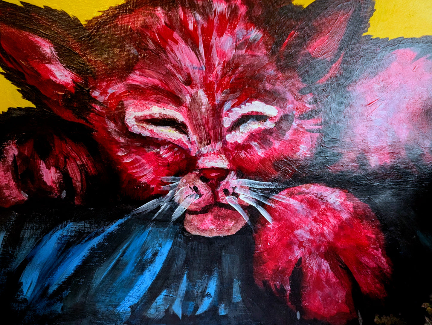 Pink Cat Sleeping With Blue Blanket Yellow Background Painting Acrylic Paint Art A3 Size Unframed