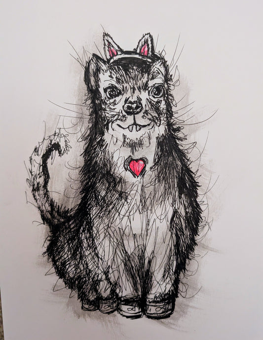 Funny Little Animal With Cat Ears Little Pink Heart Pen Illustration Drawing Sketch Art Unframed A4 Size