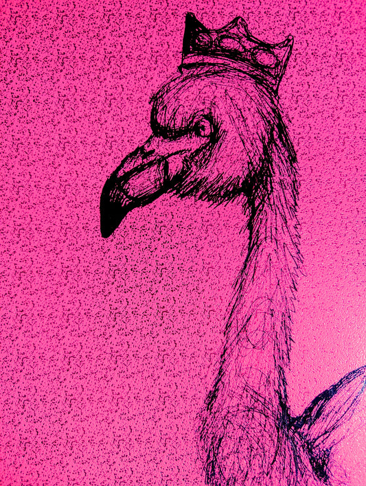 Flamingo With Crown With Jewels On Pink Sparkle Card Pen Illustration Drawing Sketch Art Portrait Unframed A4 Size - Unorthodox Zoo