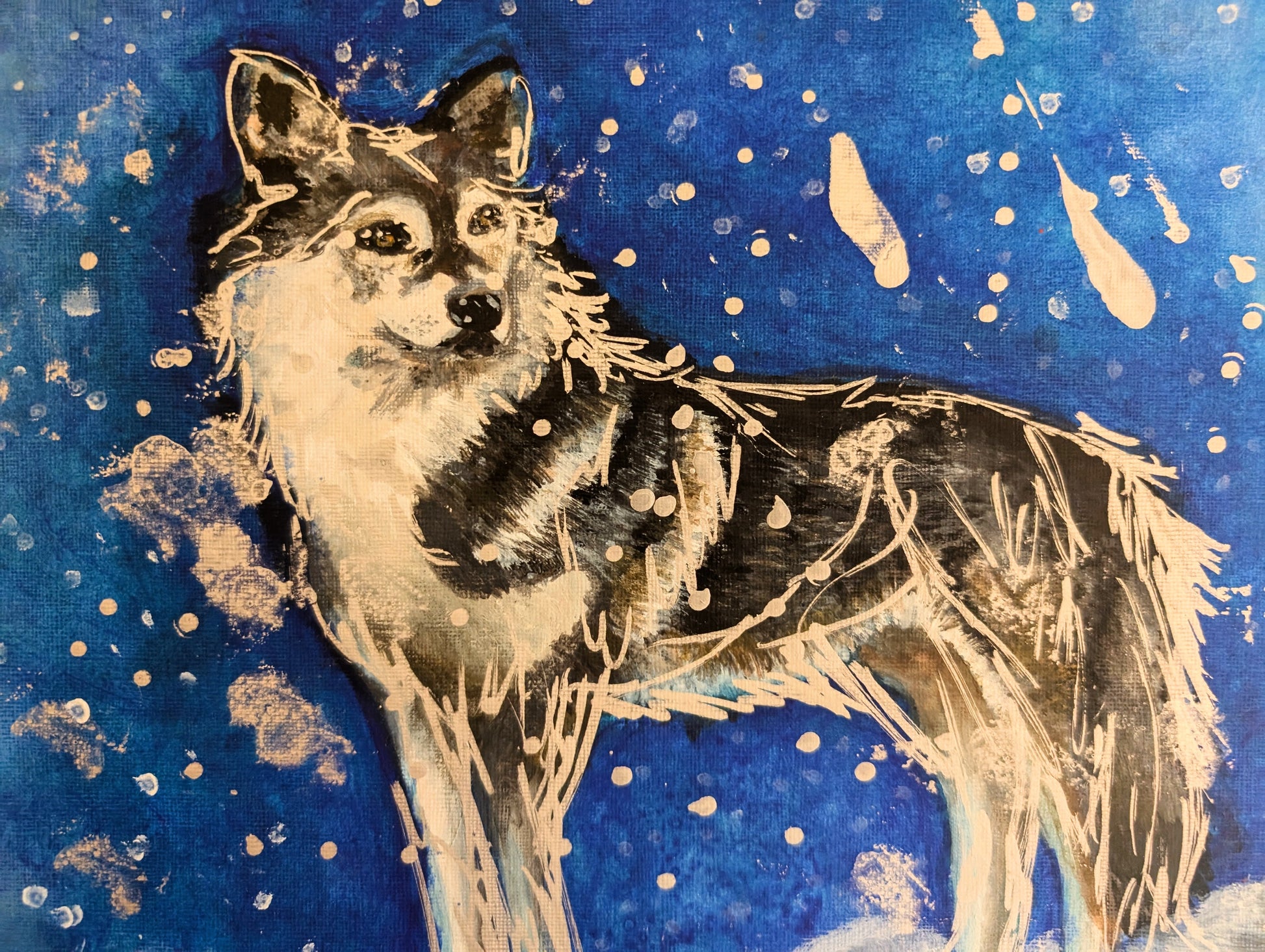 Wolf Painting With Cold Snowy Weather Blue Background A3 Size Unframed - Unorthodox Zoo