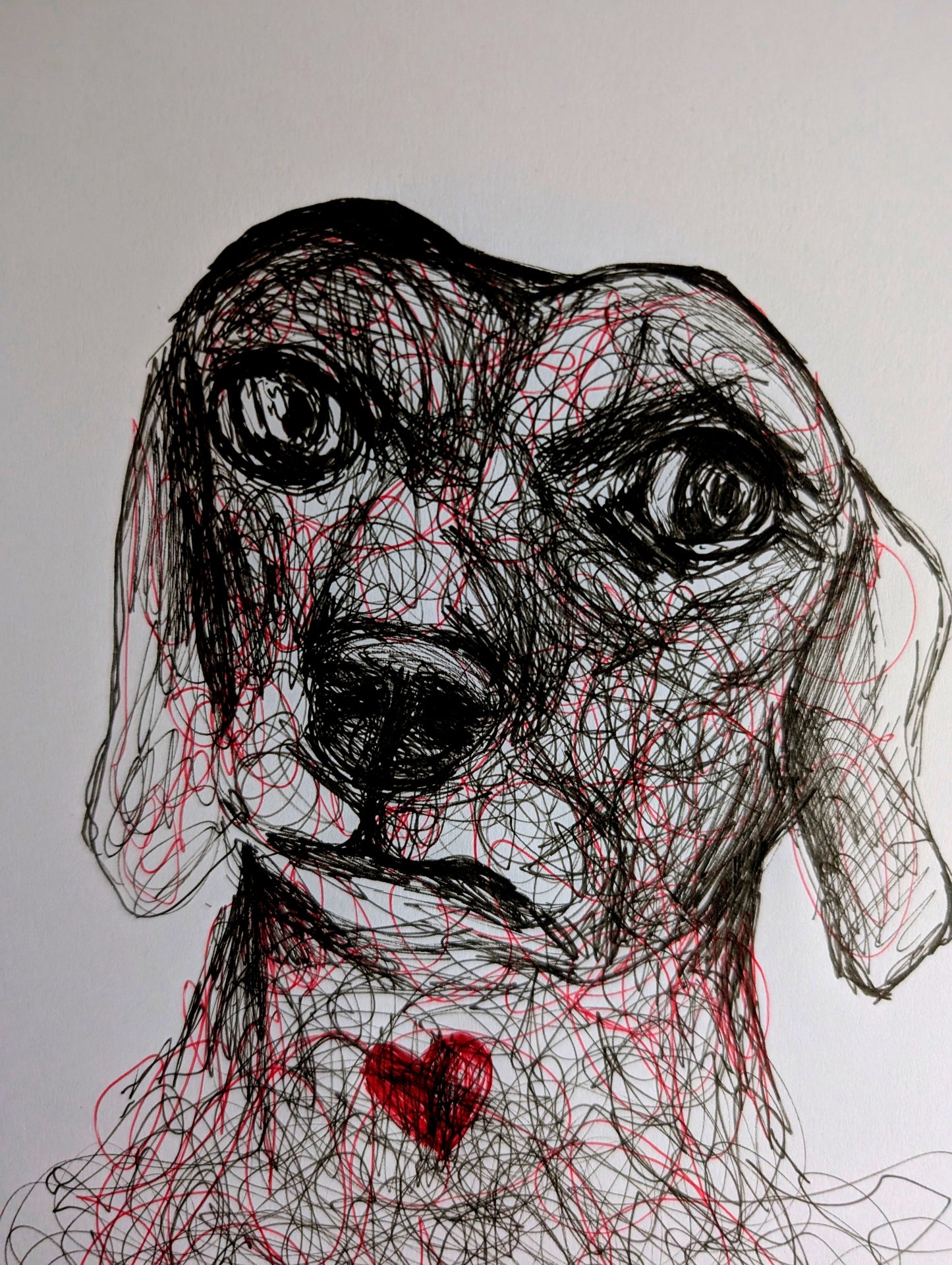 Not Impressed Dog With Red Heart Scribbly Expressive Style Pen Illustration Drawing Sketch Art Portrait Unframed A4 Size