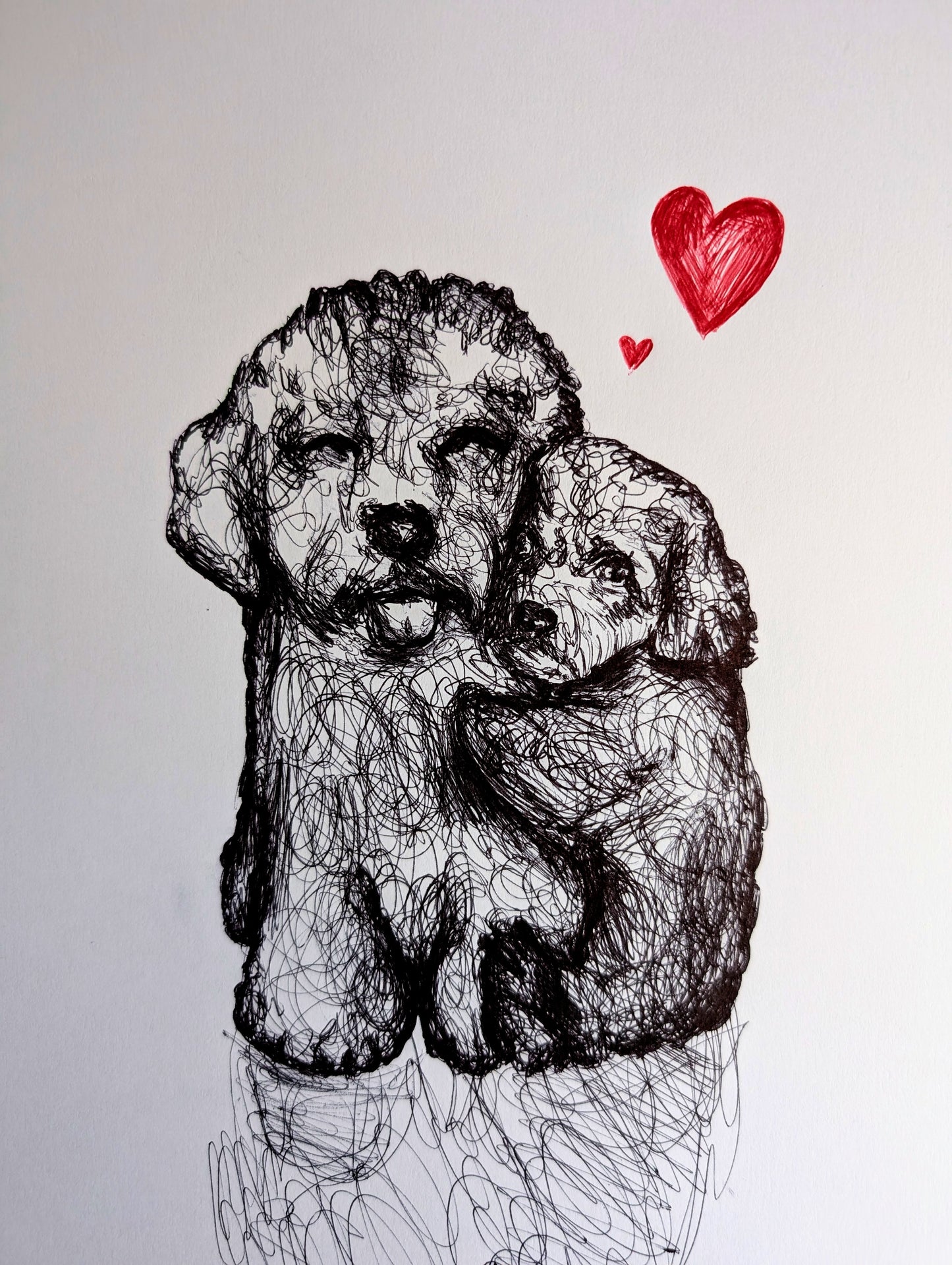 Puppy Dog Love With Red Hearts Pen Illustration Drawing Sketch Art Portrait Unframed A4 Size Scribbly Expressive Style