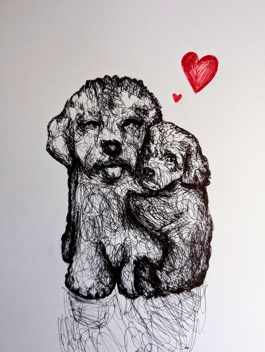 Puppy Dog Love With Red Hearts Pen Illustration Drawing Sketch Art Portrait Unframed A4 Size Scribbly Expressive Style