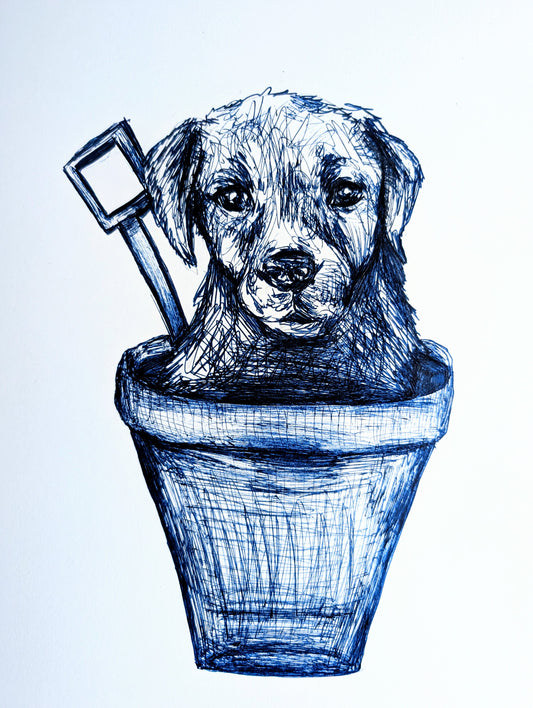 Puppy Dog In Sand Bucket With Spade Pen Illustration Drawing Sketch Art Portrait Unframed A4 Size