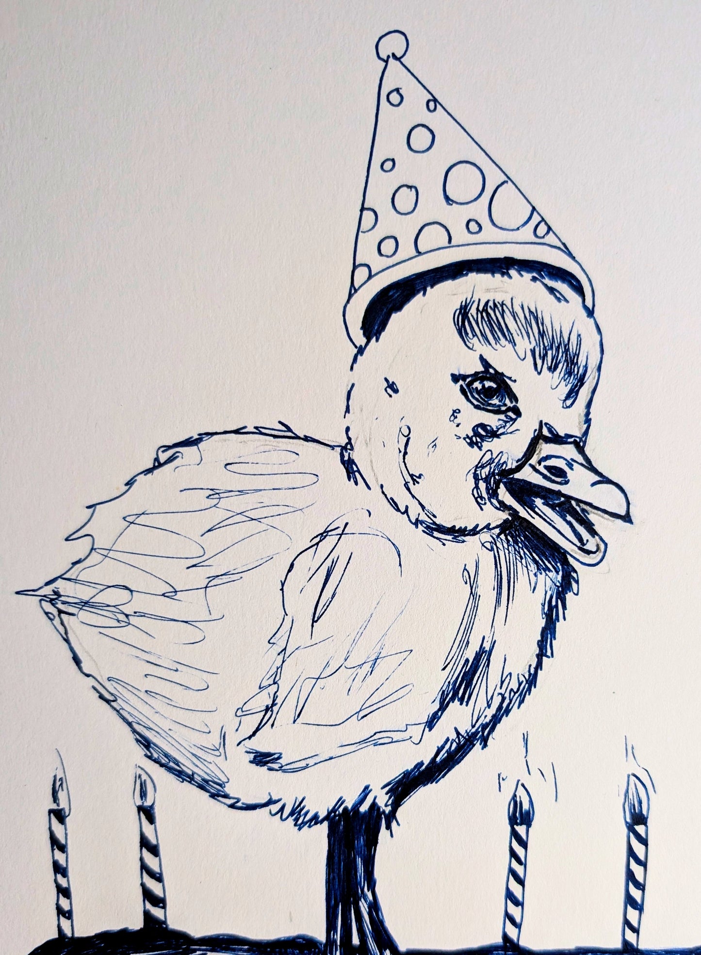 Birthday Celebration Baby Duck Duckling With Candles On Log Cake Pen Illustration Drawing Sketch Art Portrait Unframed A4 Size