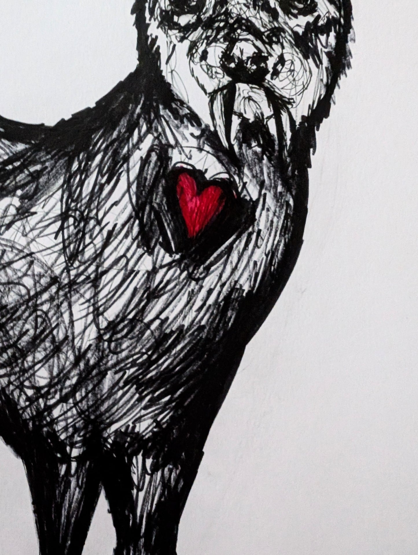 Chinese Deer With Fangs Red Heart White Background Pen Illustration Drawing Sketch Art Unframed A4 Size