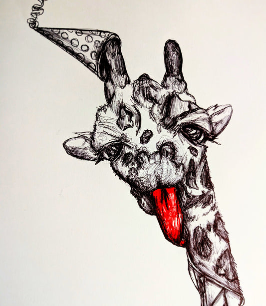 Party Giraffe With Red Tongue Party Hat Pen Illustration Drawing Sketch Art Unframed A4 Size