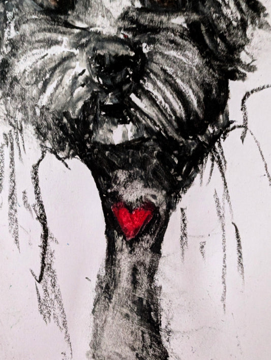 Fluffy Little Dog With Red Heart White Background Oil Pastel Illustration Drawing Sketch Art Unframed A4 Size