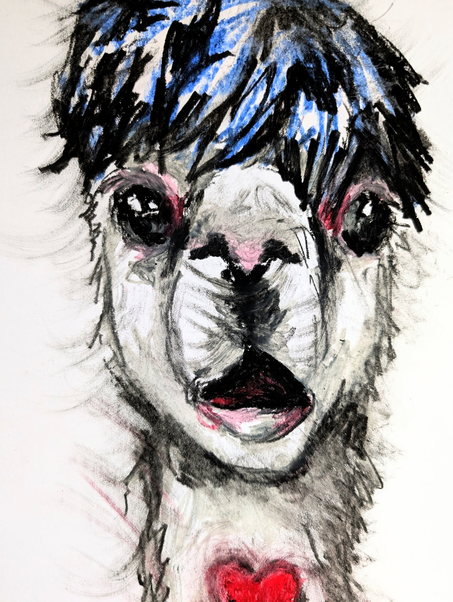 Shocked Llama With Blue Hair Red Heart Oil Pastel Drawing Illustration Sketch Art Portrait Unframed A4 Size