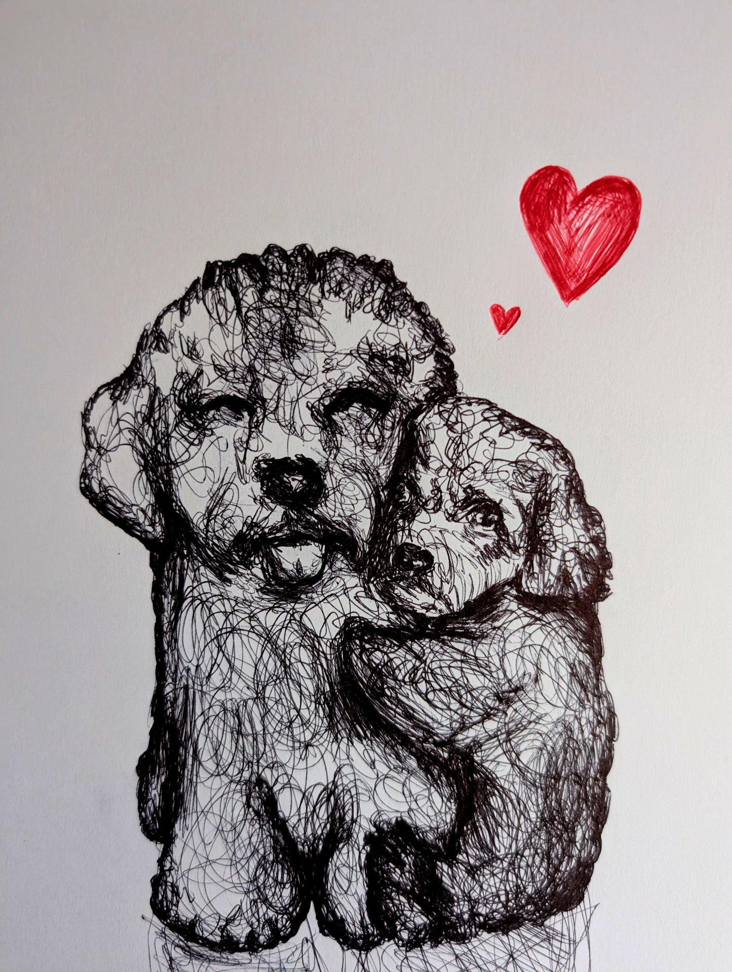 Puppy Dog Love With Red Hearts Pen Illustration Drawing Sketch Art Portrait Unframed A4 Size Scribbly Expressive Style