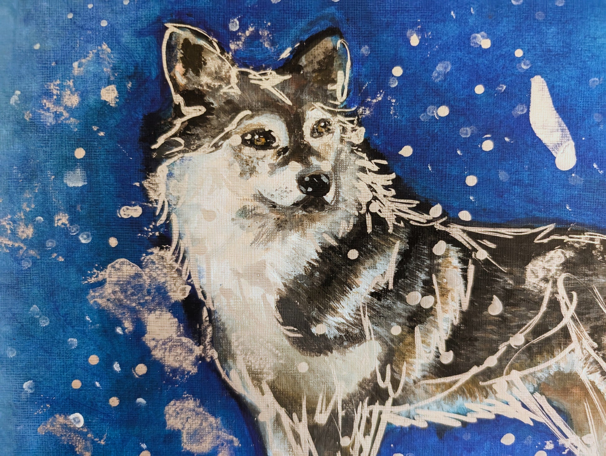 Wolf Painting With Cold Snowy Weather Blue Background A3 Size Unframed - Unorthodox Zoo