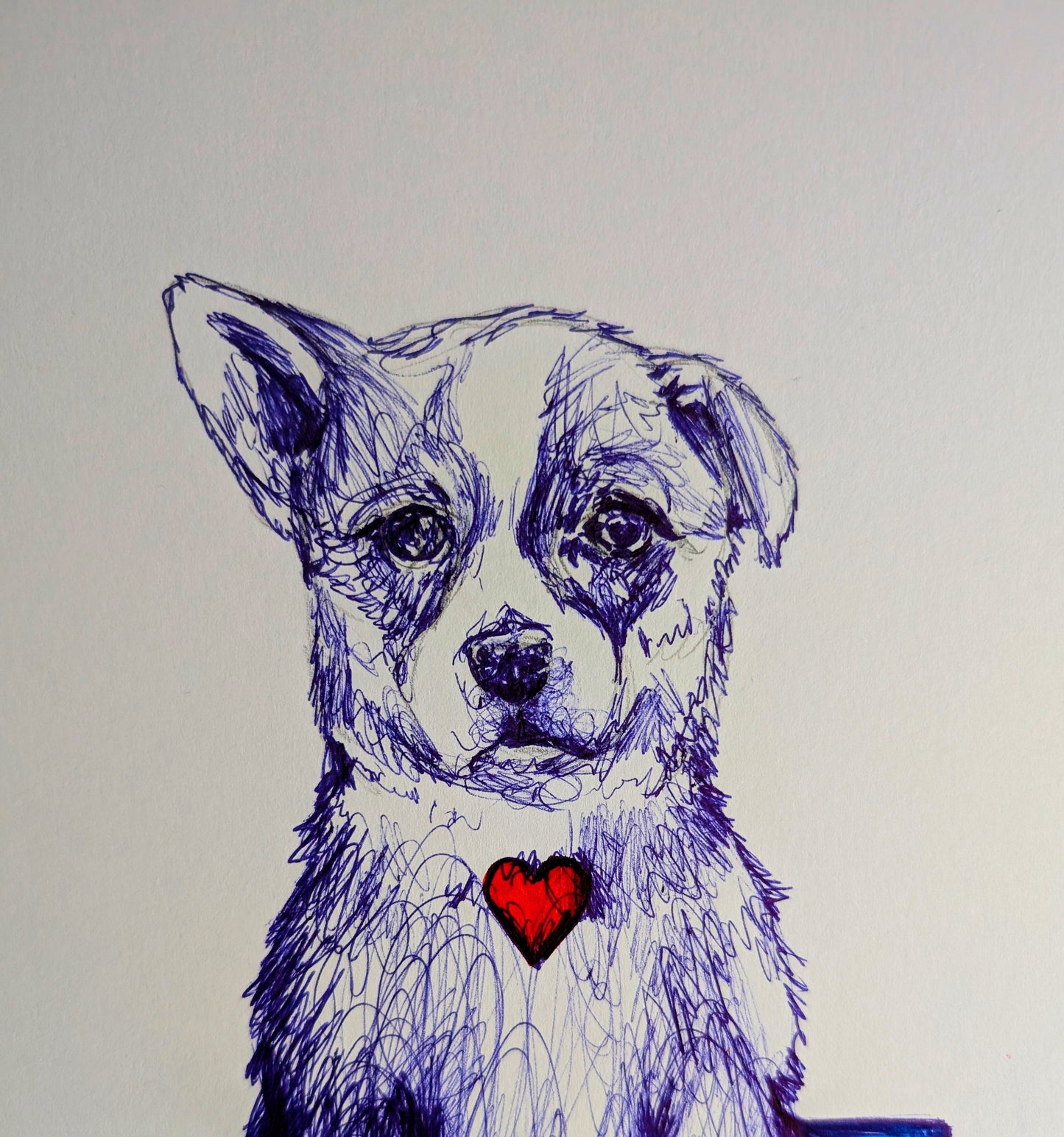 Puppy Dog With Little Red Heart On Blue Mat Pen Illustration Drawing Sketch Art Portrait Unframed A4 Size