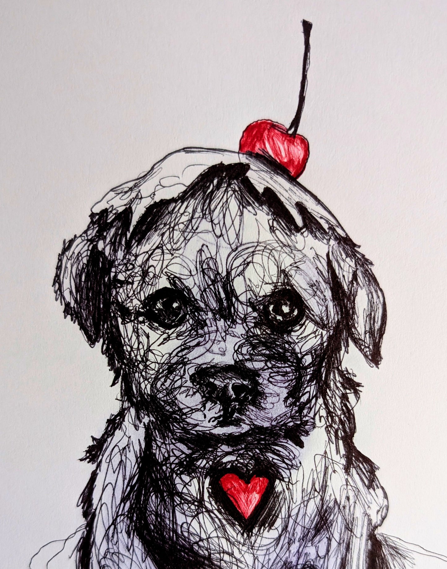 Puppy Dog In Cupcake With Cream Cherry On Head Pen Illustration Drawing Sketch Art Portrait Unframed A4 Size Expressive Style