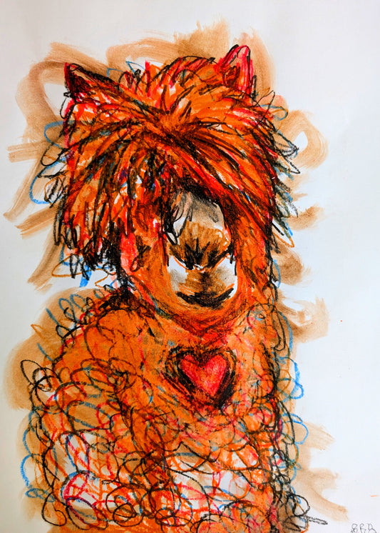 Orange Llama With Red Heart Expressive Oil Pastel Illustration Drawing A3 Size Unframed